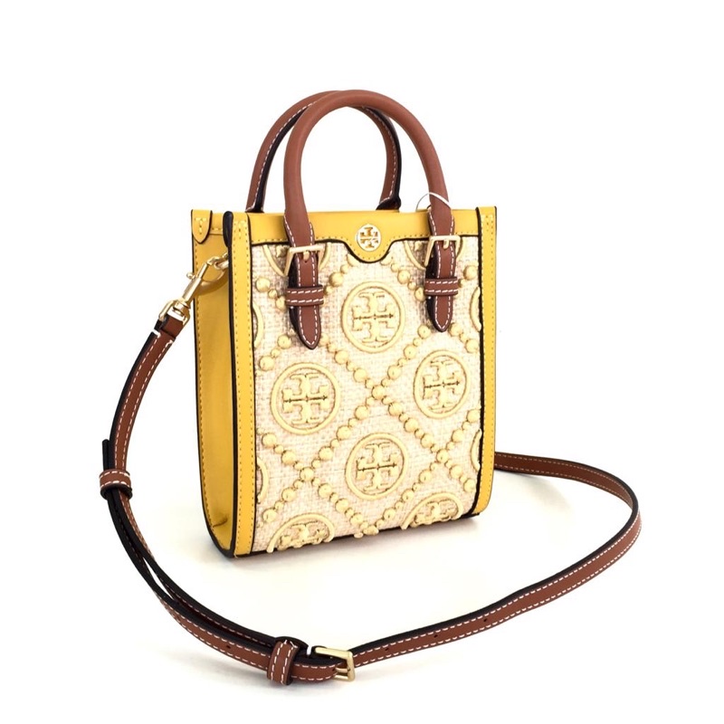 Tb T Monogram Straw Mini Tote