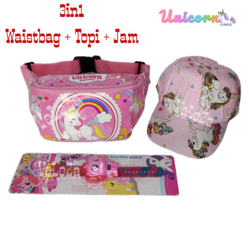 Waistbag anak karakter unicorn 3in1 - Waistbag + topi + jam