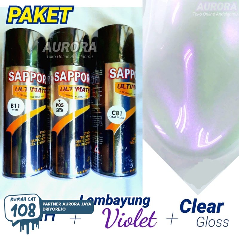 

Paket Sapporo Ultimate Pearl Violet P05 + White B11 + Clear C81 / Cat Lembayung Ungu Putih Vernis Gloss Pilox Pilok Pylox Mutiara Mengkilap