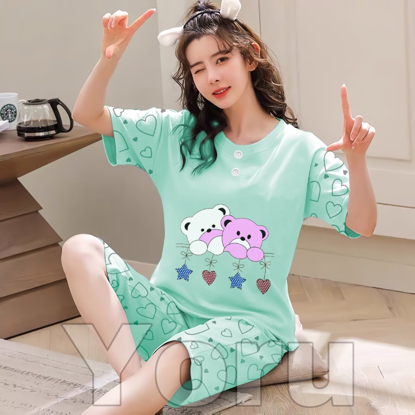Pamelo Piyama 3/4 Baby Doll Murah Suplier Sleep Wear All Size Baju Tidur Wanita kaos Katun Stelan Stage2 Baju Tidur Murah Produk Terlaris-Luv 2 Bear Toska