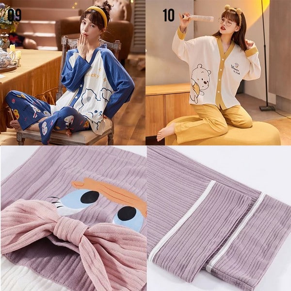 BARU LIN9078 Setelan Baju Tidur Panjang Wanita Kerah Kimono Bahan Katun Kaos Piyama Premium