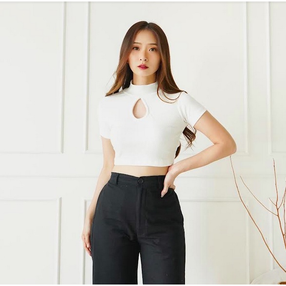 Korean Crop Top Baju Atasan Wanita Kaos Turtleneck High Neck Top Casual Tshirt 118