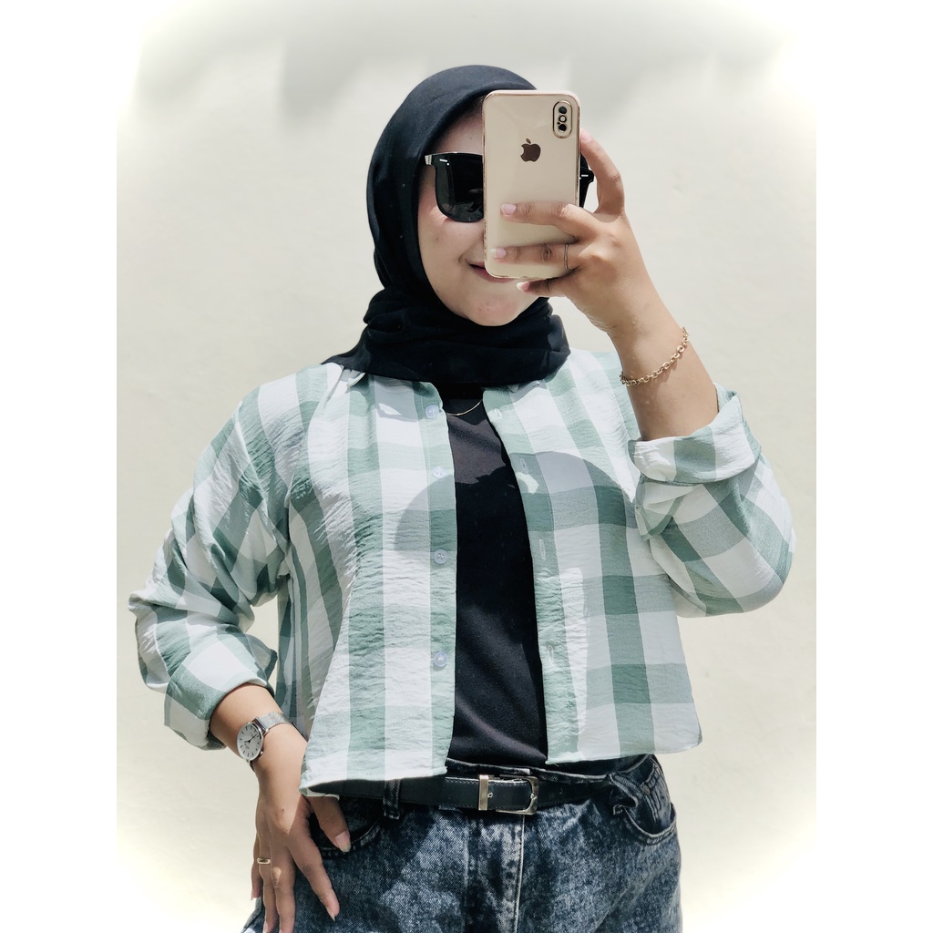 Kemeja Crop Tartan Kemeja Crop Shirt Crinkle Kotak Alika Blouse Crinkle