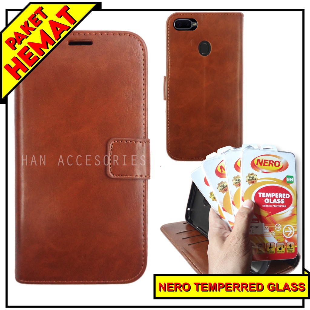 (PAKET HEMAT) Fashion Selular Flip Leather Case OPPO F9/F11/F11 PRO Flip Cover Wallet Case Flip Case + Nero Temperred Glass