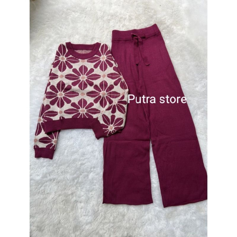 one set Jasmine sweater crop top dan Kulot rajut premium