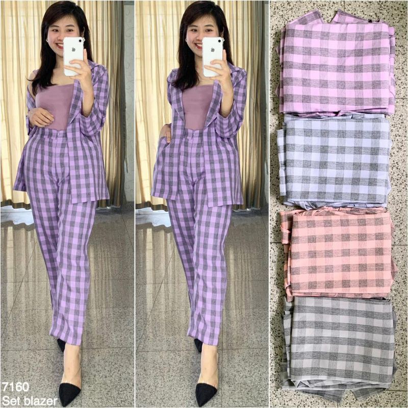 setelan blazer kotak katun import