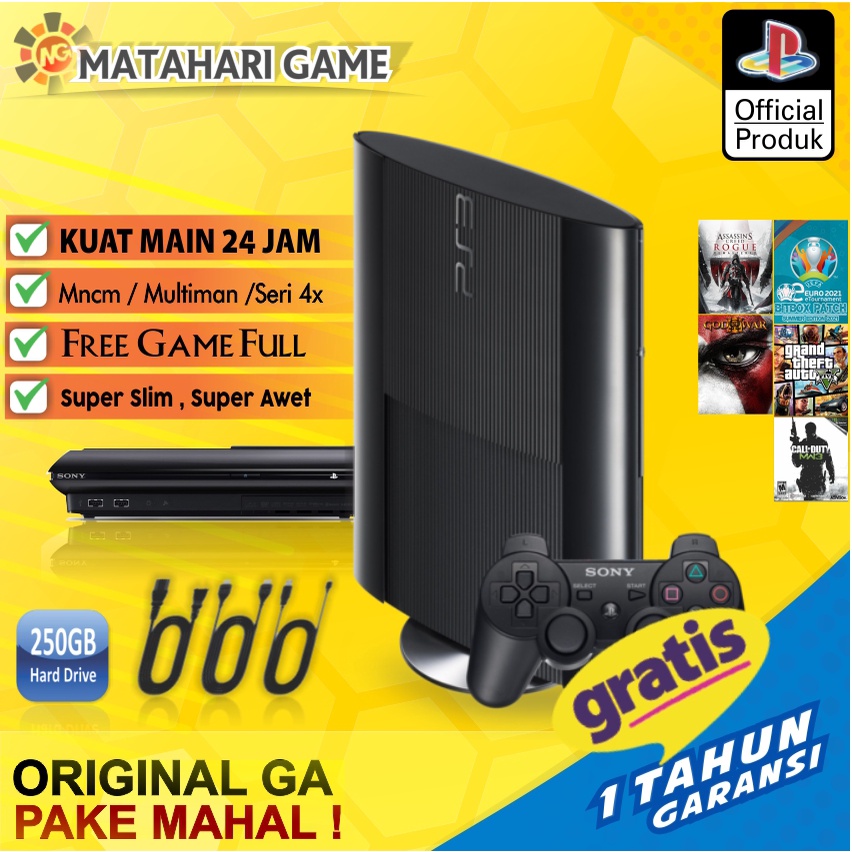 PS3 Super Slim Asli Sony + 2 Stick Wireless / 250Gb Full Max 33 Games
