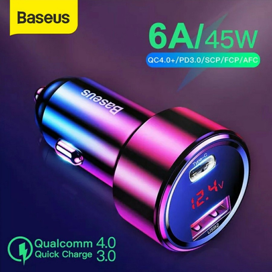 Baseus LED Dual USB Type C Quick Charging Car Charger 6A/45W