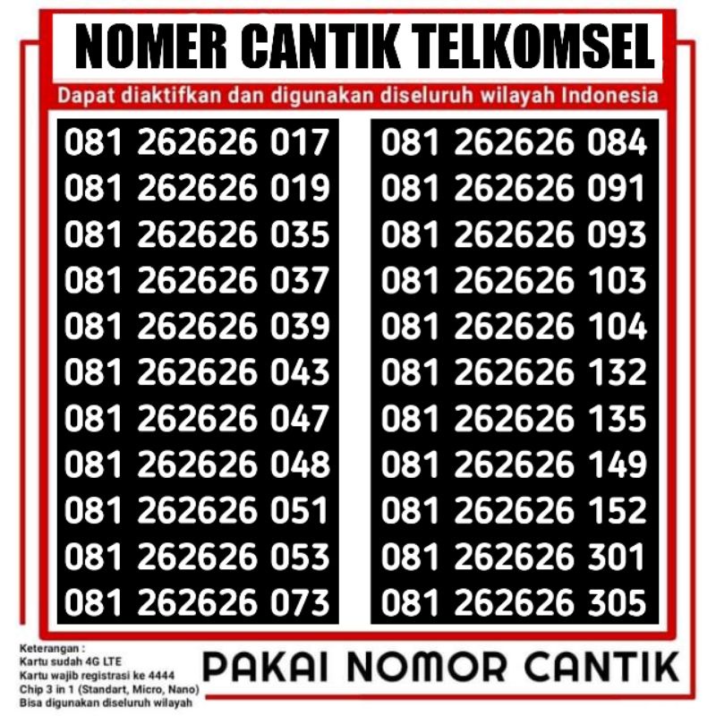 NOMOR CANTIK SIMPATI NOMER CANTIK TELKOMSEL 262626