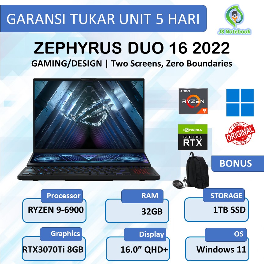 ASUS ROG ZEPHYRUS DUO 16 2022 RYZEN 9 6900HX 32GB 1TBSSD RTX3070TI 8GB W11+OHS 16..0QHD-BLACK