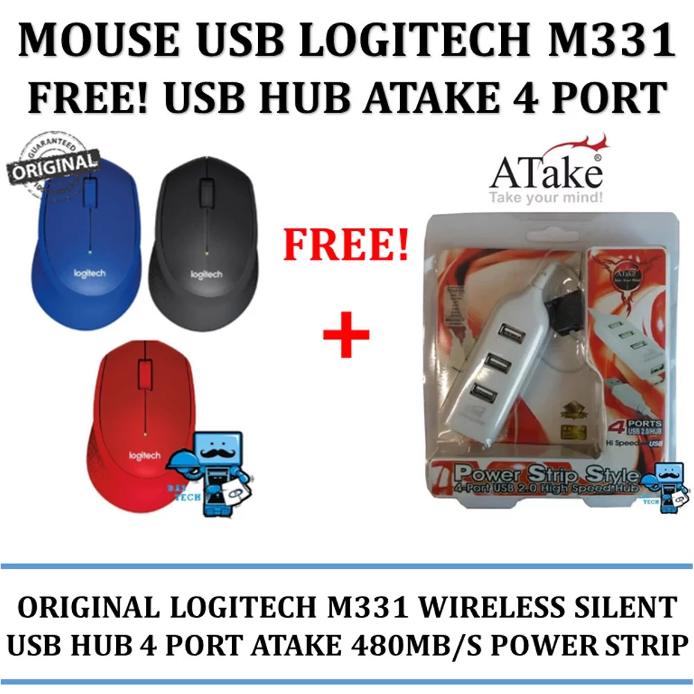 Mouse Logitech M331 FREE Bonus Usb Hub Atake 4 Port Power Strip Style