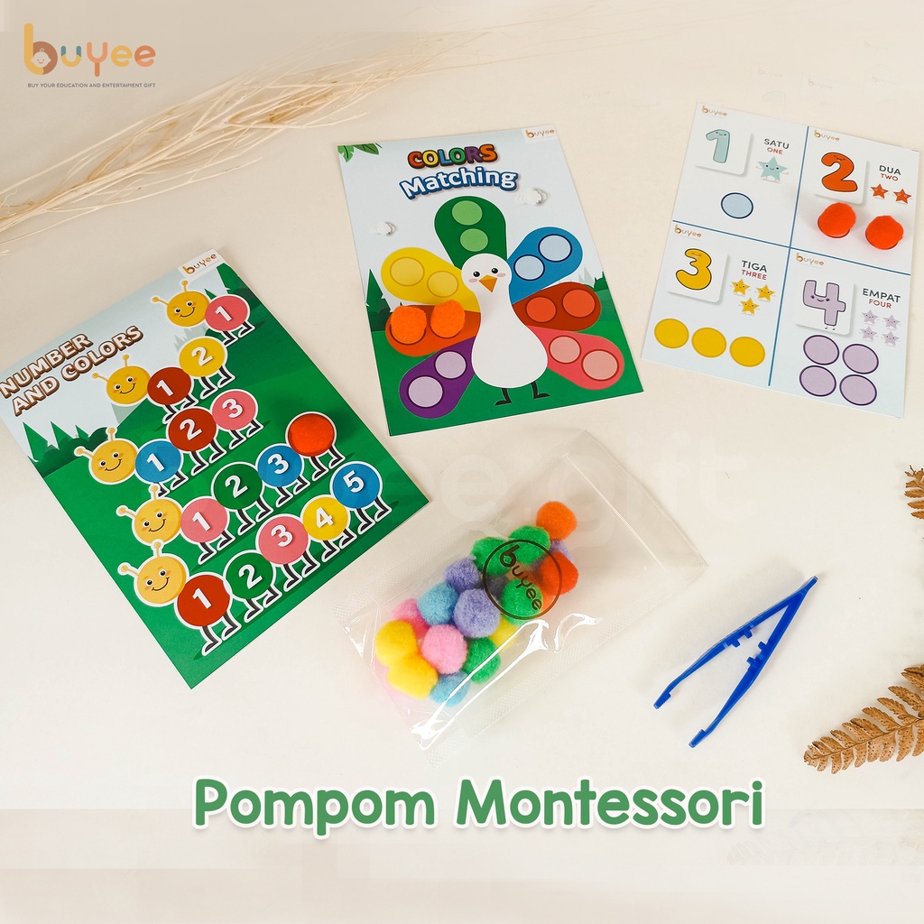 BUYEE GIFT - Pompom Sensory Play 2,5cm isi 50pcs | Belajar Sortir Warna