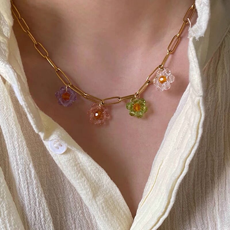 Vintage Colorful Braided Crystal Flower Necklace Clavicle Chain Metal Necklace