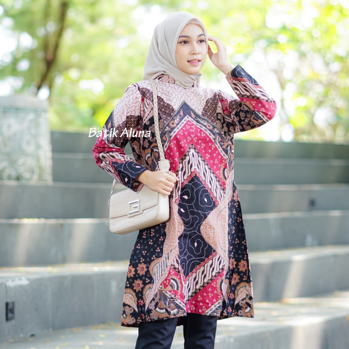 Baju Batik Wanita Lengan Panjang Modern Tunik Premium Bahan Katun Terbaru Kekinian Blouse Batik Modern Wanita Jumbo Atasan Batik Wanita Kantor Batik Cewek Modern Couple FASHION BATIK ALUNA