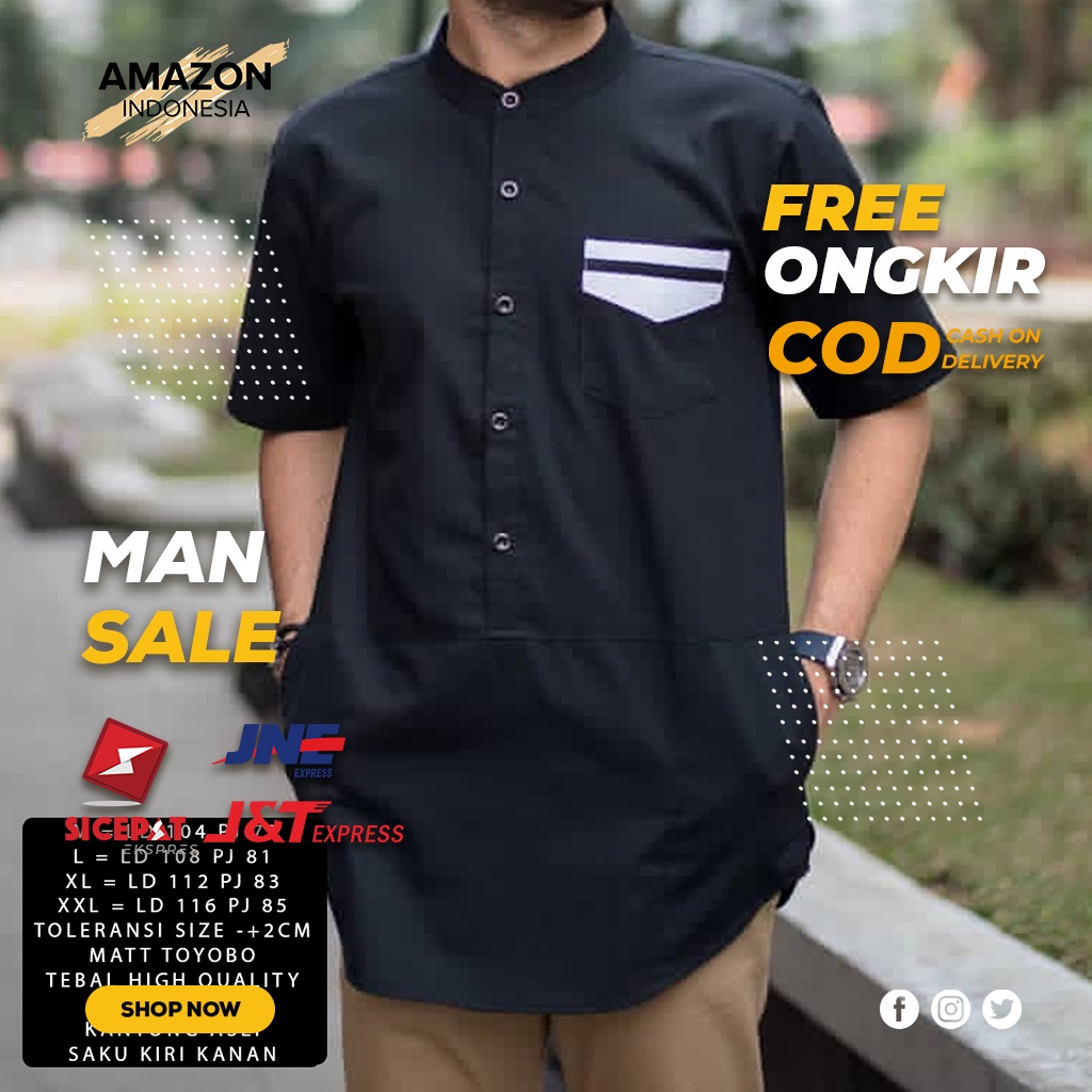 PAKAIAN PRIA MUSLIM BAJU KOKO LENGAN PENDEK CASUAL WARNA BLACK HITAM POLOS BAHAN KAIN KATUN TOYOBO ORI