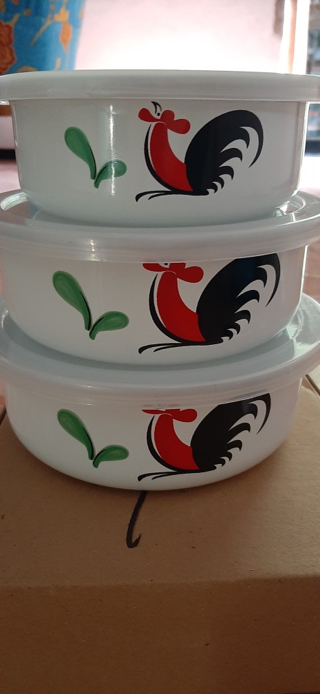 Mangkok 3 Set Kukuruyuk Ayam Jago + Tutup Mixing Bowl Enamel