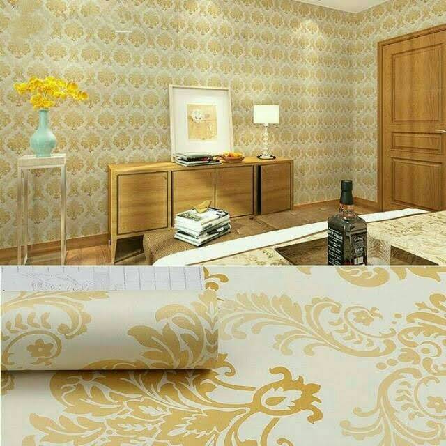 Toko wallpaper dinding murah ruangan tamu kamar batik gold kream minimalis elegan cantik indah mewah