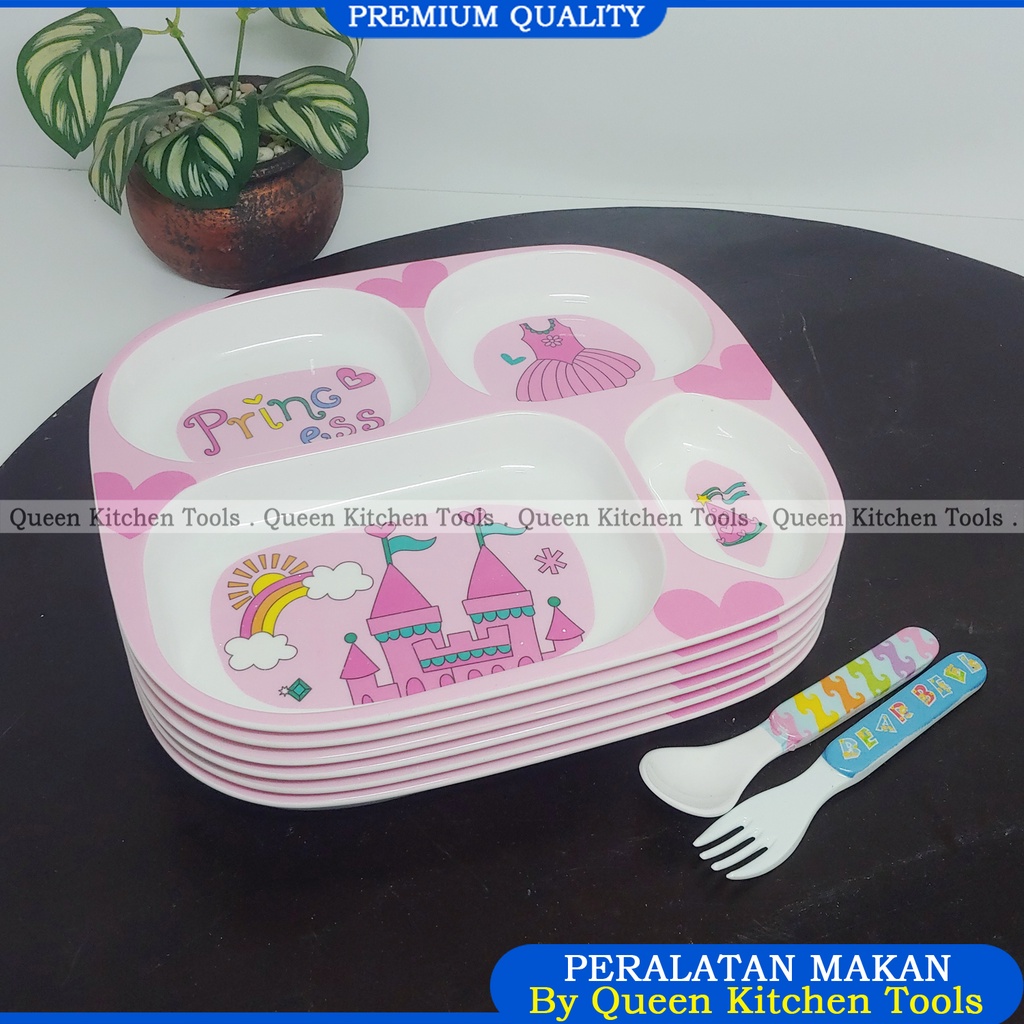 Piring Makan Bayi dan Anak 4 Sekat Set Sendok dan Garpu | Piring Bayi Cewek Melamin Original