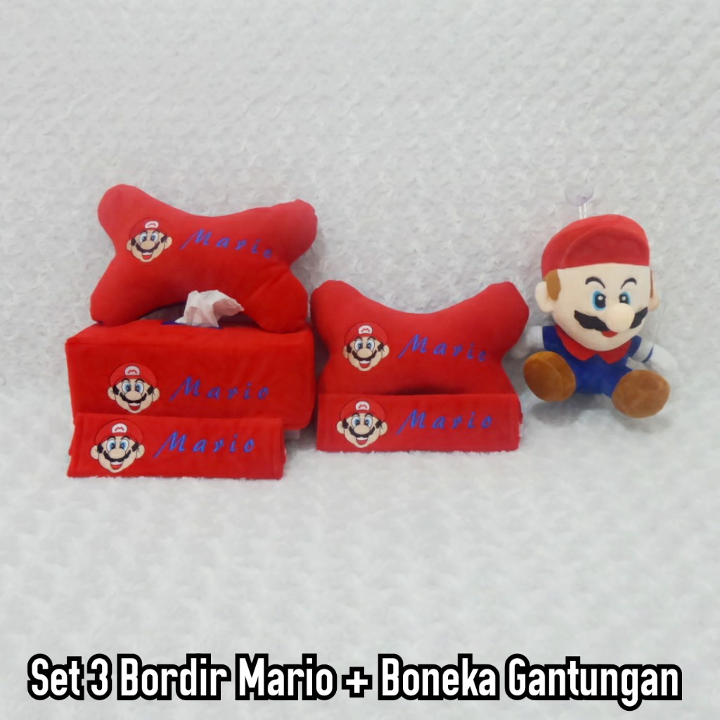 Bantal mobil set 3 bordir Mario & Boneka Mario