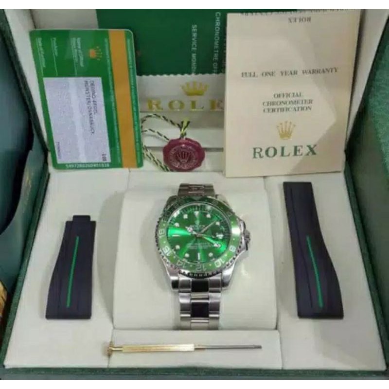 JAM TANGAN ROLEX GMT MASTER 2 SILVER INCLUDE BOX ORI, STRAP RUBBER, OBENG