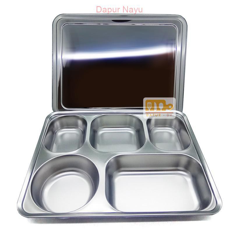 Piring makan PERSEGI 5 Sekat + tutup stainless steel  tempat makan stainless steel