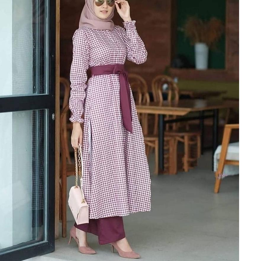 Stelan Muslim Wanita / One Set Long Tunik+Celana Kekinian / Outfit Muslim Murah / Square Set
