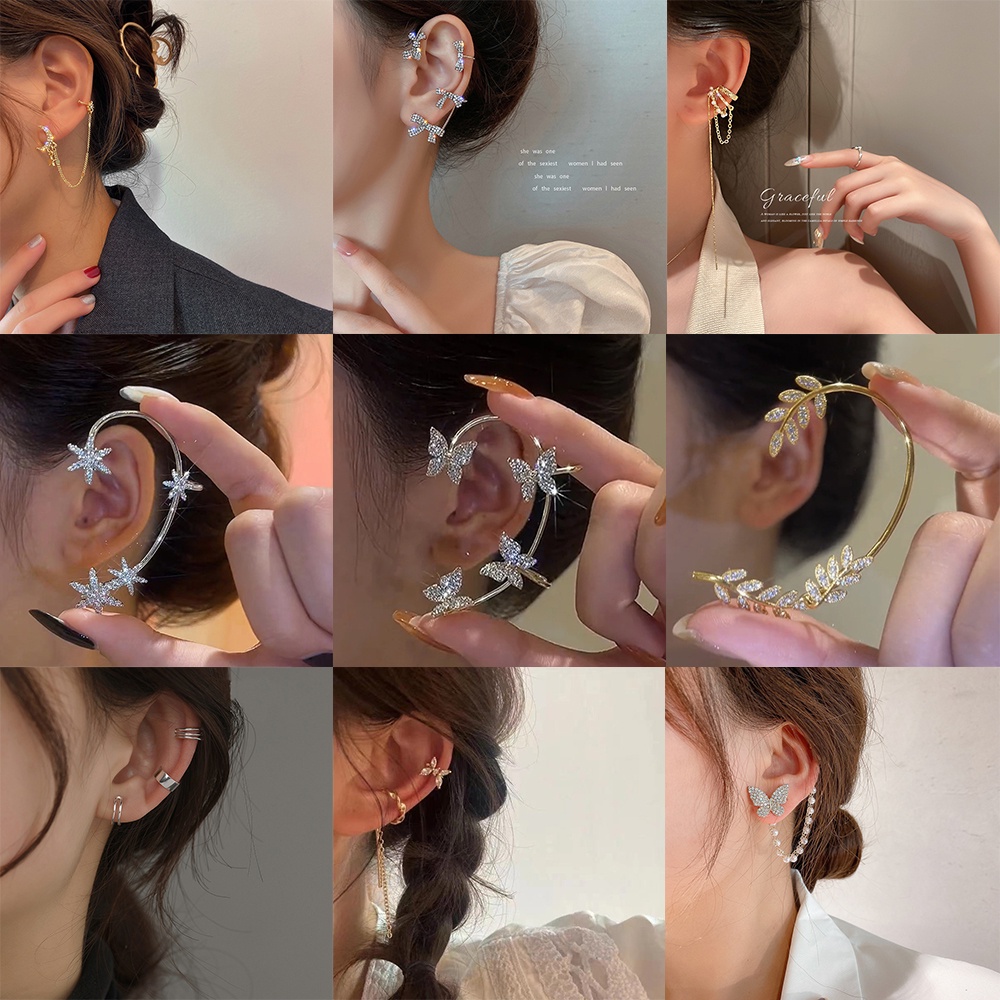 YEEZII Set Anting Kait + Klip Telinga Wanita Desain Kupu-Kupu Rumbai Rantai Emas / Silver Hias Mutiara