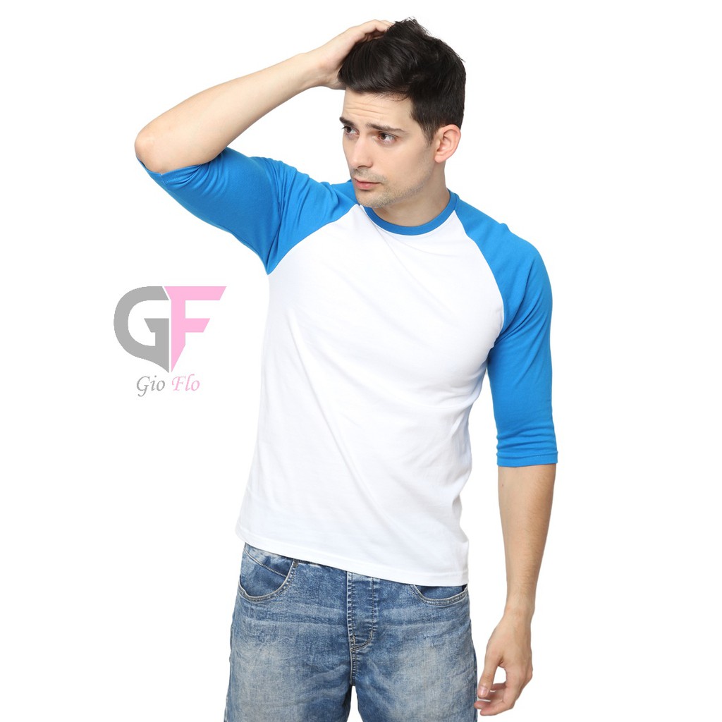 GIOFLO Tshirt Atasan Cowok Terbaru Kaos Terbaru Raglan Pria Putih Biru / POL 24