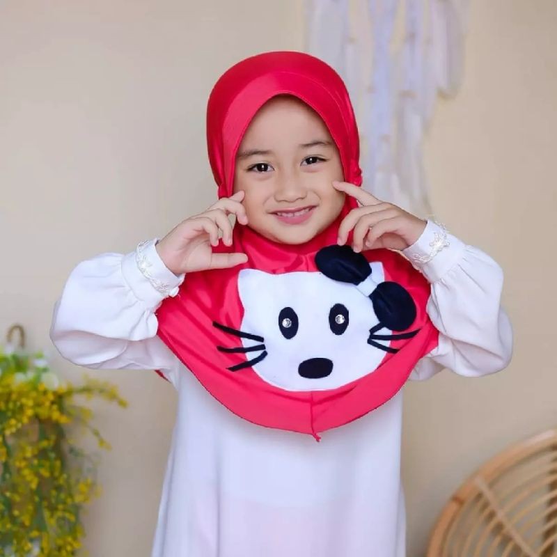 kerudung Sherly Motif Kucing anak instant Premium 3th - 6 tahun terbaru | jilbab lucu bayi Perempuan sekolah tk 4 - 5 thn | hijab Tanggung baby sd bahan jersey lembut adem