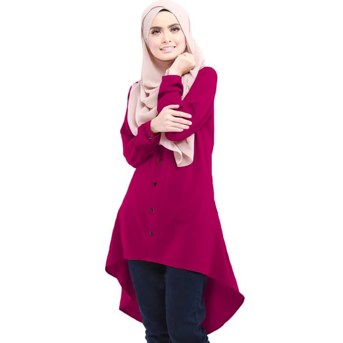 Jfashion Tunik Kemeja Asimetris tangan Panjang Kancing full - Luna - Maroon