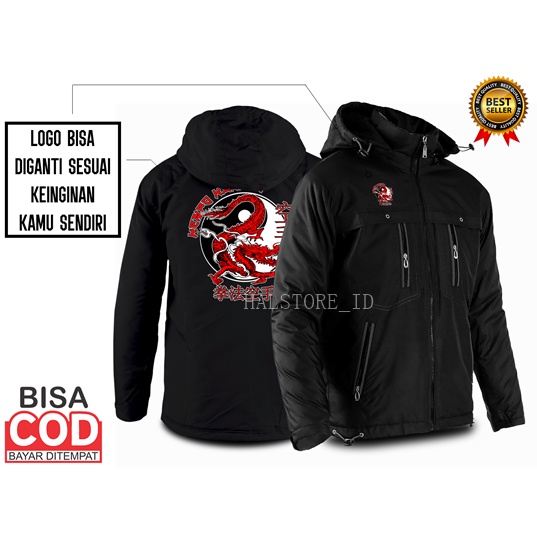 Custem Jaket Climber Jaket Ojol Hoodie Bisa Lepas Pasang Bahan Waterproof Terbaru Logo Naga Merah