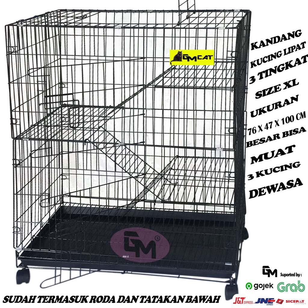 KANDANG KUCING TINGKAT 3 SIZE JUMBO XL UKURAN 76X47X100 PLUA RODA DAN TATAKAN BAWAH BAHAN TEBAL DAN KOKOH