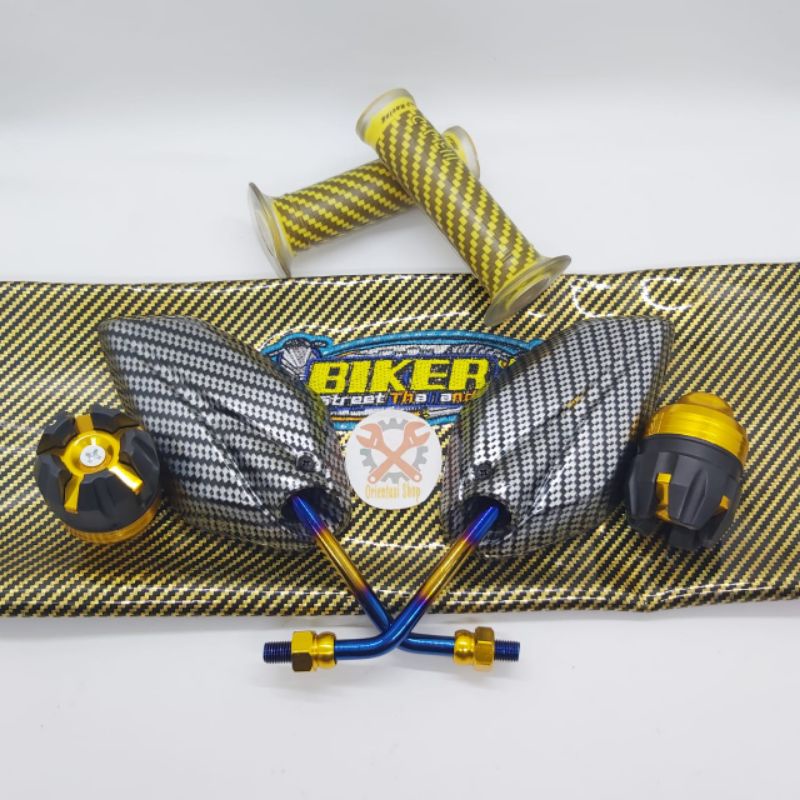 kulit jok biker karbon+spion Jupiter karbon twotone+Jalu as cnc+grip karbon universal motor Yamaha