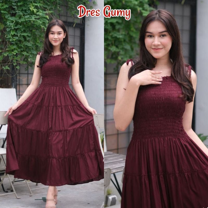Korea dress/ Dress gumi/dres tali/ gaun panjang/ dres gumi polos