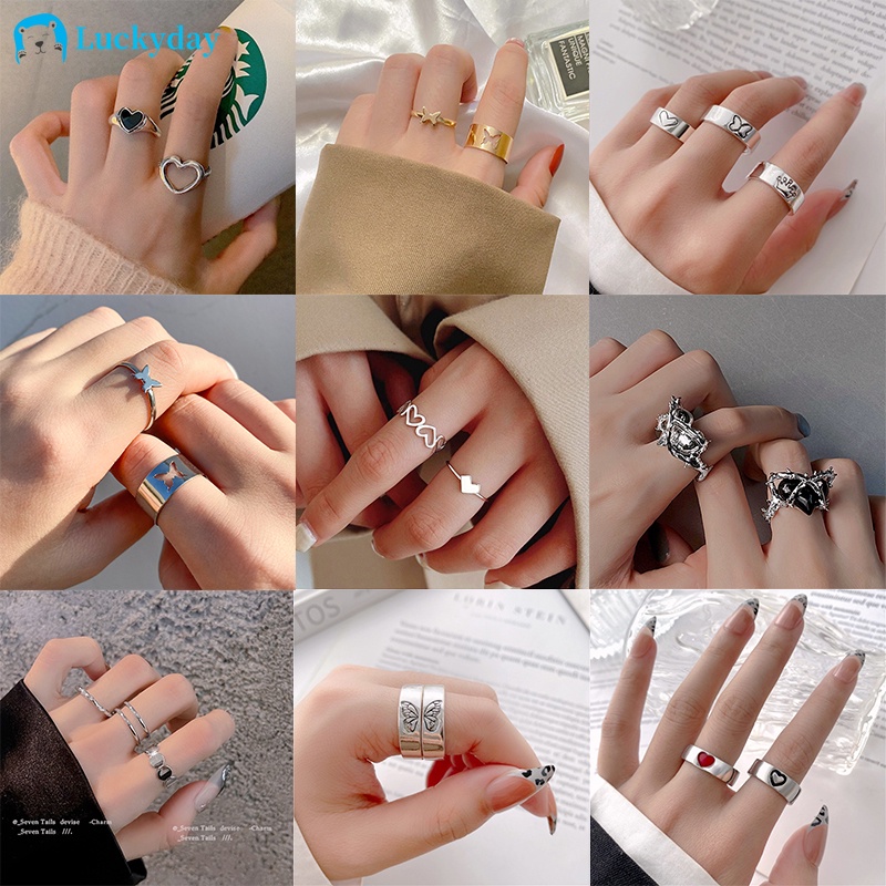 YEEZII Set Cincin Desain Kupu-Kupu Hati Hollow Warna Emas Silver Gaya Retro Untuk Wanita