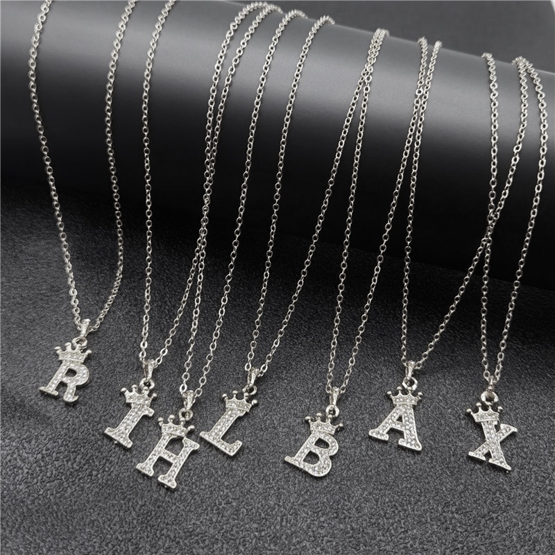 COD❤1 Pcs Mahkota 26 Huruf Inggris Kalung Liontin Berlian Imitasi Penuh