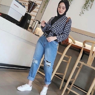 HOPYLOVY Celana  Jeans Boyfriend  Wanita Ripped Lapis  