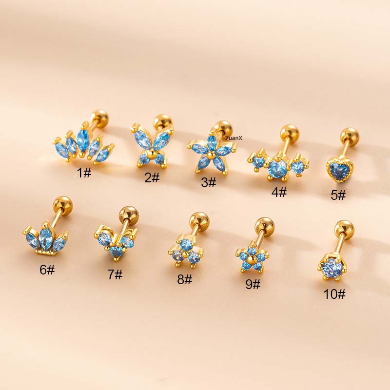 1pc Anting Tusuk Stainless Steel Hias Zircon Biru 20Gauge Untuk Wanita