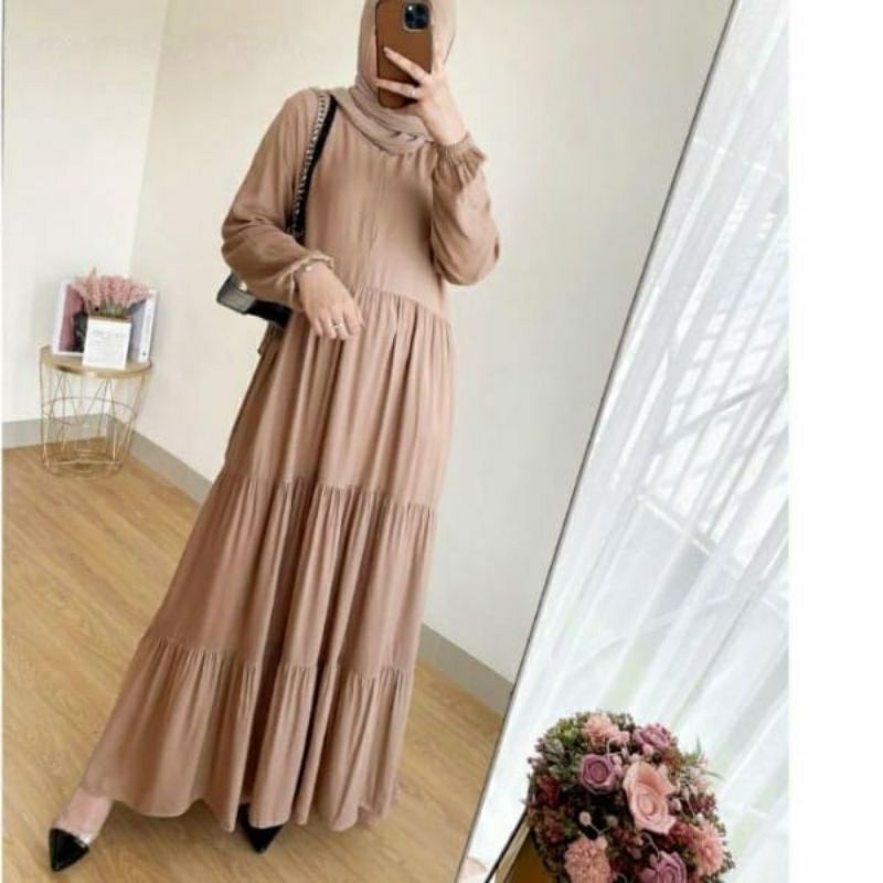 Gamis Wanita Muslim Susun Polos Rayon Premium Hanum Dress Syari Standar Jumbo