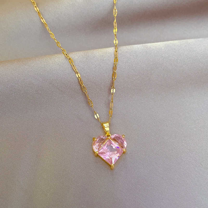 Kalung Rantai Emas 18K Dengan Liontin Hati Hias Kubik Zirkon Pink Hypoallergenic Untuk Wanita