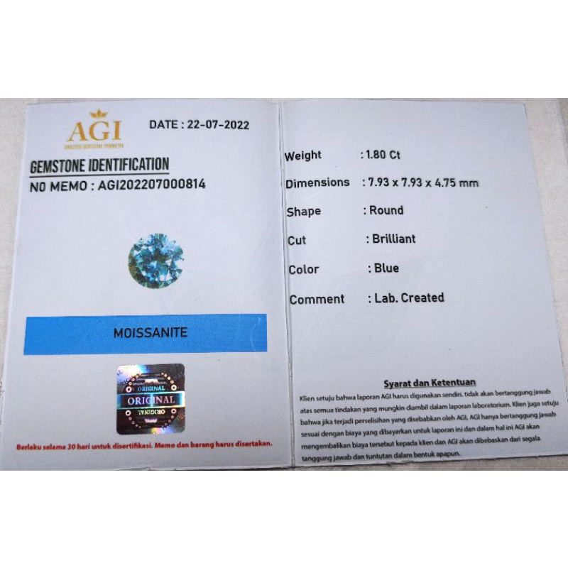 BATU CINCIN BLUE MOISSANITE ROUND CUTTING + MEMO LAB
