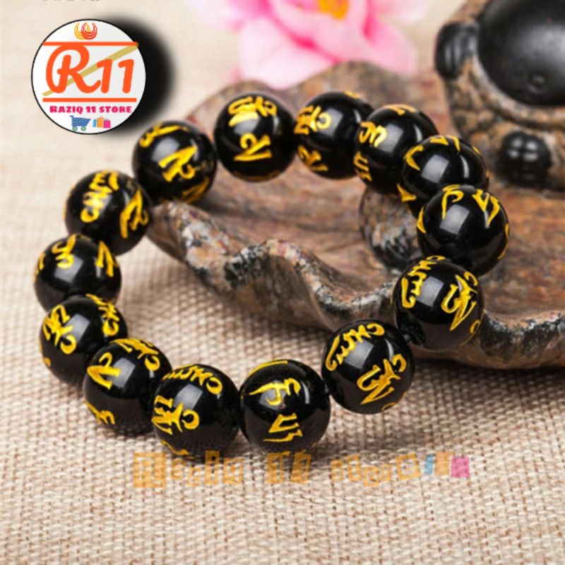 Gelang Batu Giok Mantra Budha Import 14mm