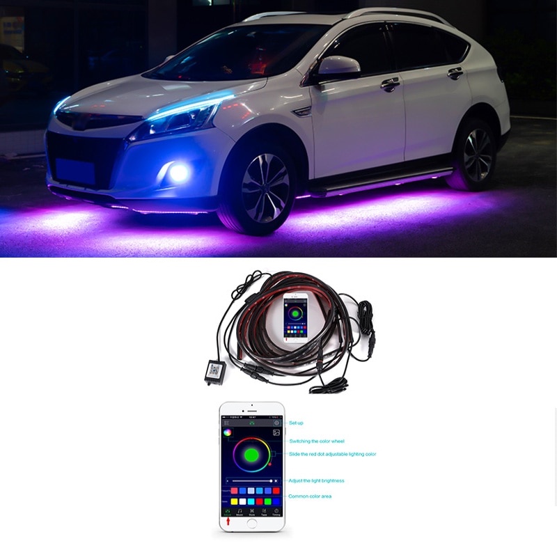 EJ's Lampu LED Strip Mobil RGB Underglow Car Body 90/120 cm 4PCS with Bluetooth App Controller - JIA4 - Black