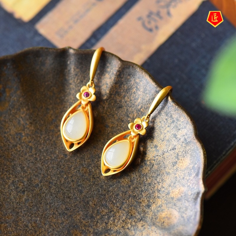 [Ready Stock]Hetian Jade Gold Vintage Earrings Women's Chinese Style