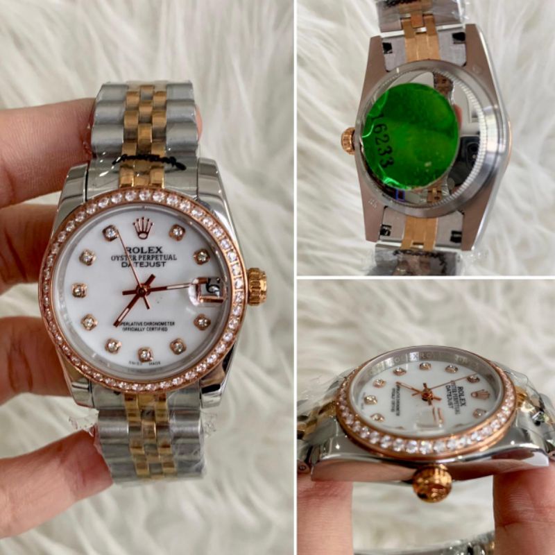 REAL PIC - JAM TANGAN WANITA AUTOMETIC ROLEX BOYSIZE RING DIAMOND COMBI ROSE GOLD PLAT PUTIH