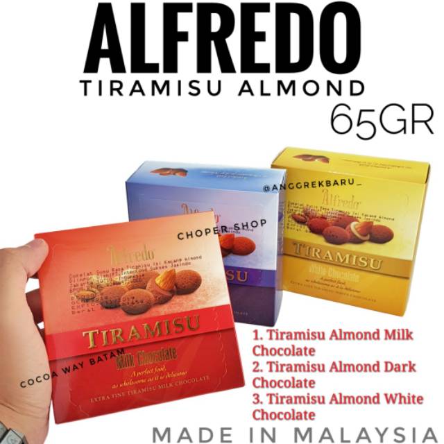 Cokelat Alfredo Tiramisu Almond Box 65gr / Coklat Alfredo Tiramisu 65gr Kotak