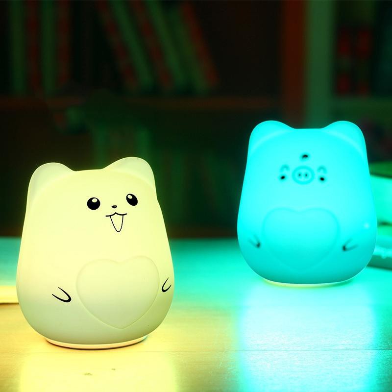 Lampu Tidur silikon kucing anjing babi pikachu LED animal Silicone Rechargeable Squishy Night Lamp - lampu meja kamar tidur 7 warna