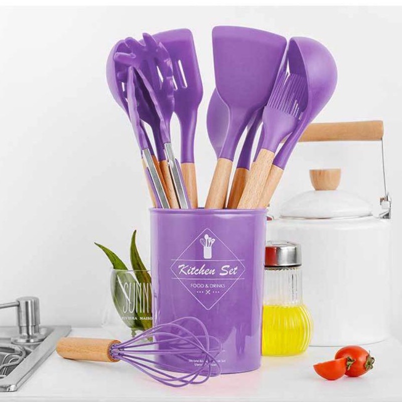 Spatula Silicon Set 12 Pcs - Sodet Silicon Anti Panas Masak Sutil Pegangan Kayu Baking