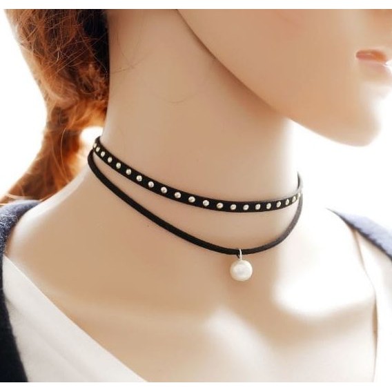 Kalung Choker Leher Fashion Wanita Hitam Mutiara Double