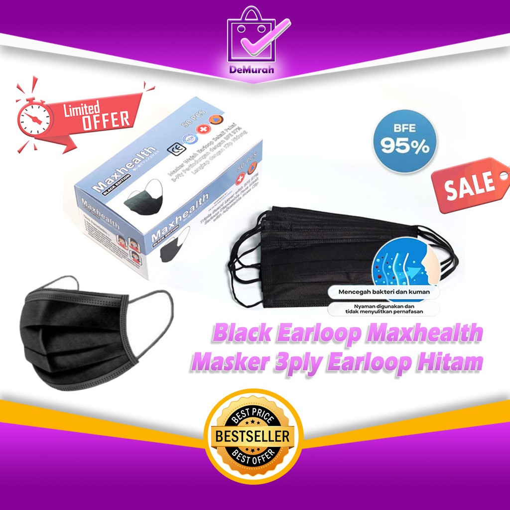 Black Earloop Maxhealth Masker 3ply Earloop Disposable Mask All Hitam